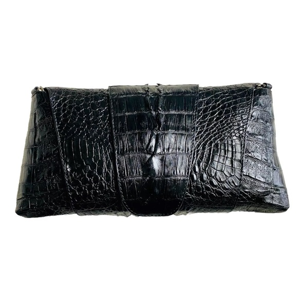 Midnight Black Genuine Exotic Croc Wrap Clutch Shoulder Bag Purse - Picture 1 of 7